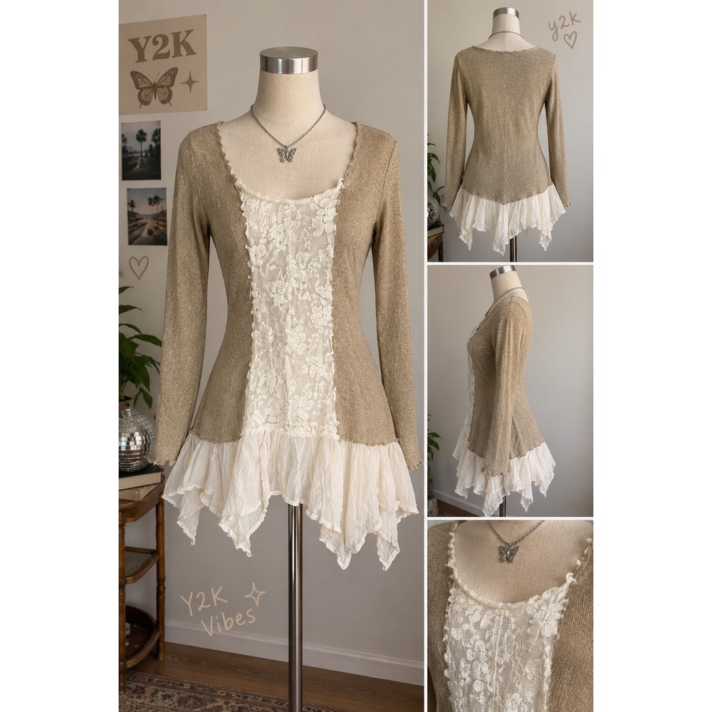RYU Y2K Tan Knit Lace Front Ruffle Hem Tunic Top Cottagecore Boho SZ S